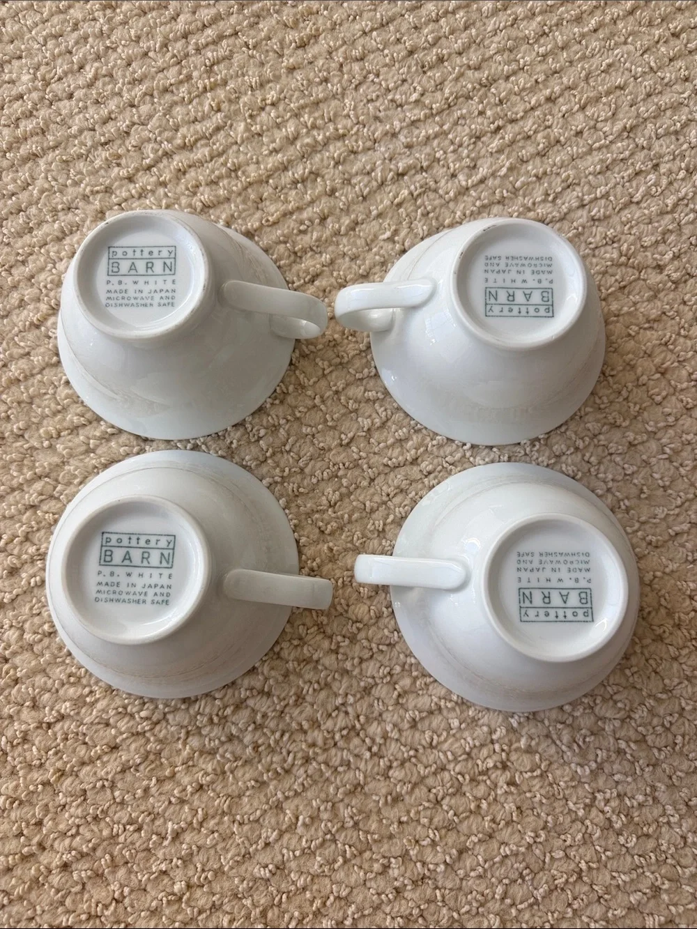 Set of 4 PB WHITE by Pottery Barn Porcelain Coffee Cup Mugs Made In Japan